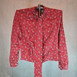 Coach Blouse Signature H & C Print Jacquard Shirt Long Sleeve Silk Blend Size 2